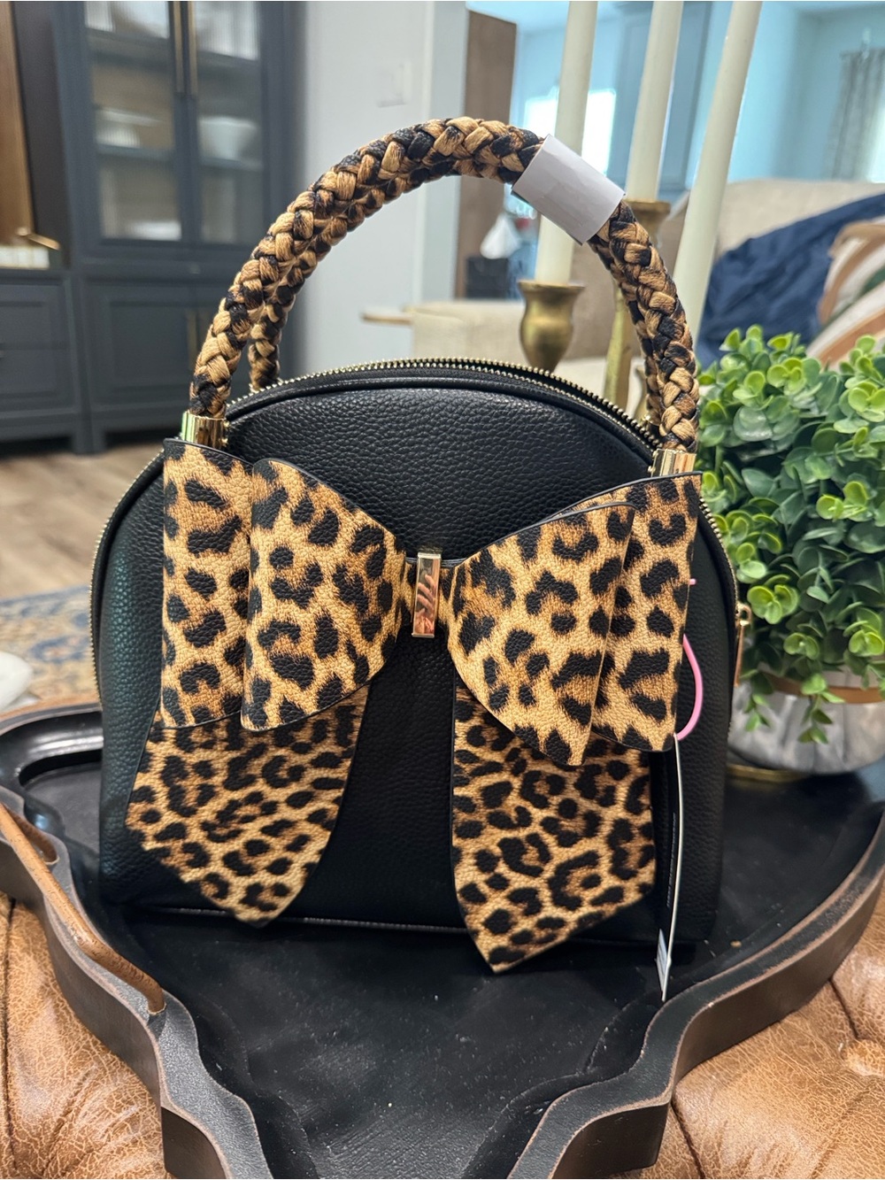 Like Dreams Black Crossbody Bag with Leopard Bow Accent - Medium